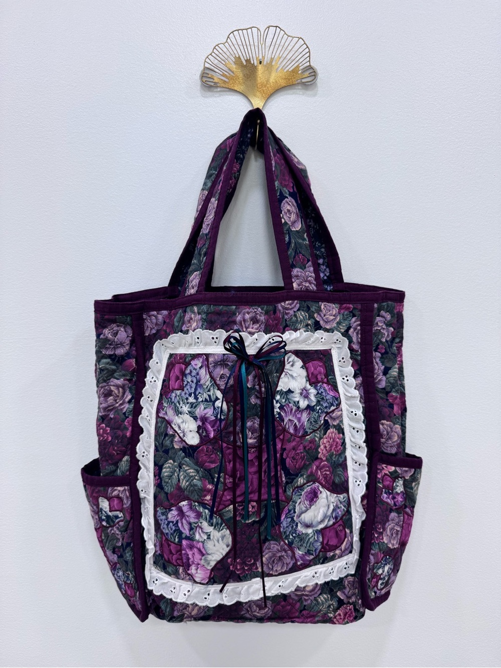 90s Vintage French country cottage floral upcycled quilted bag lace trim